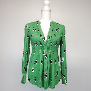 Anthropologie Maeve Green Pleated French Bulldog Boston Terrier Print Blouse